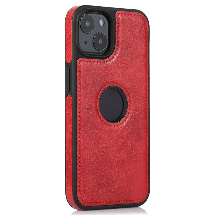 For iPhone 14 Leather Case Shock Absorbing Solid Color Logo View Phone Back Protector