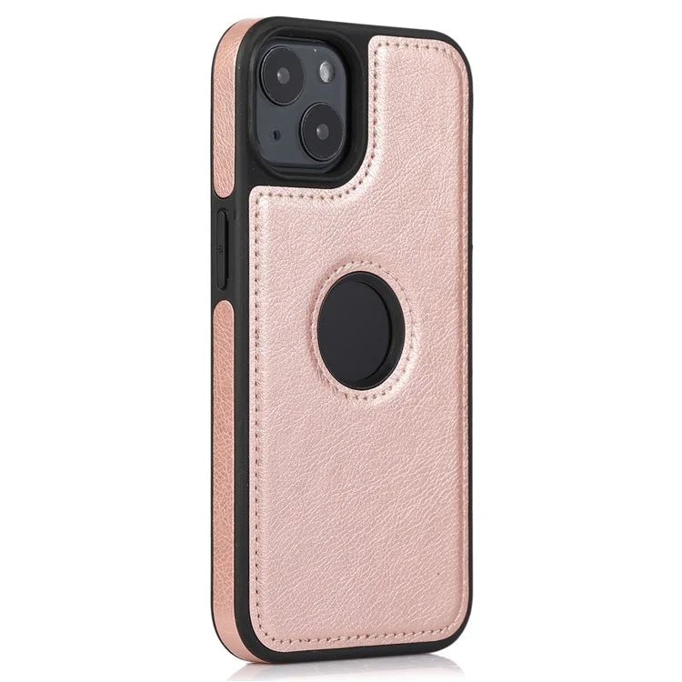 For iPhone 14 Leather Case Shock Absorbing Solid Color Logo View Phone Back Protector