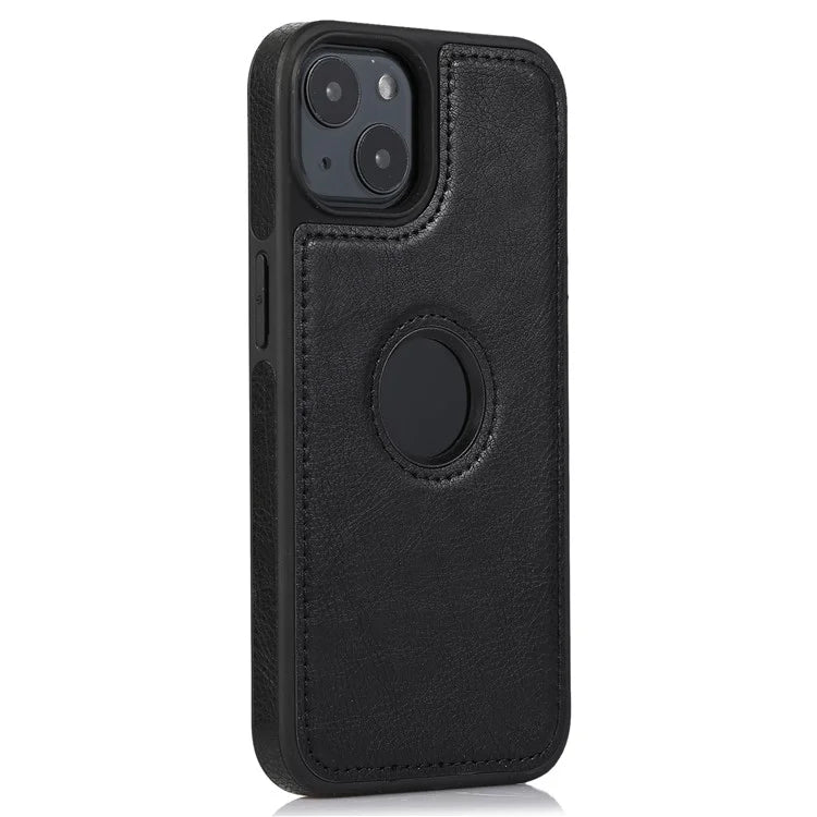For iPhone 14 Leather Case Shock Absorbing Solid Color Logo View Phone Back Protector