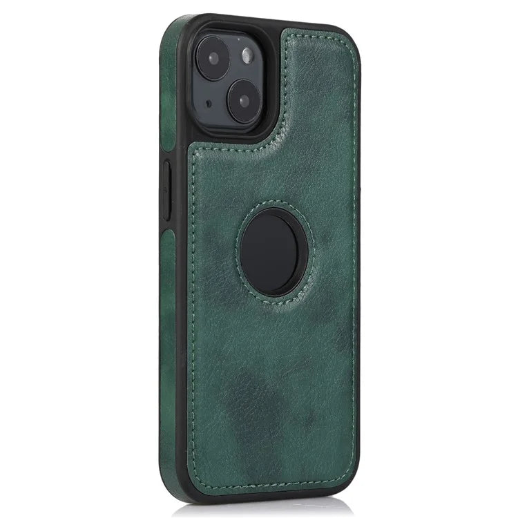 For iPhone 14 Leather Case Shock Absorbing Solid Color Logo View Phone Back Protector