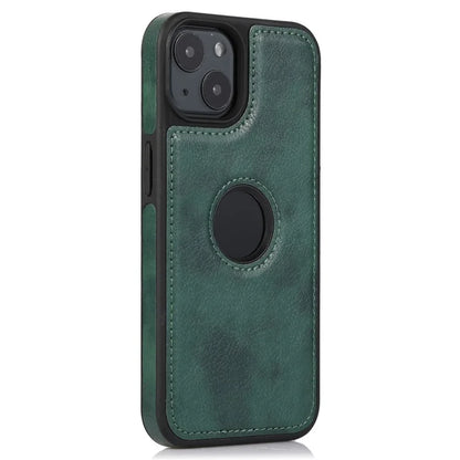 For iPhone 14 Leather Case Shock Absorbing Solid Color Logo View Phone Back Protector