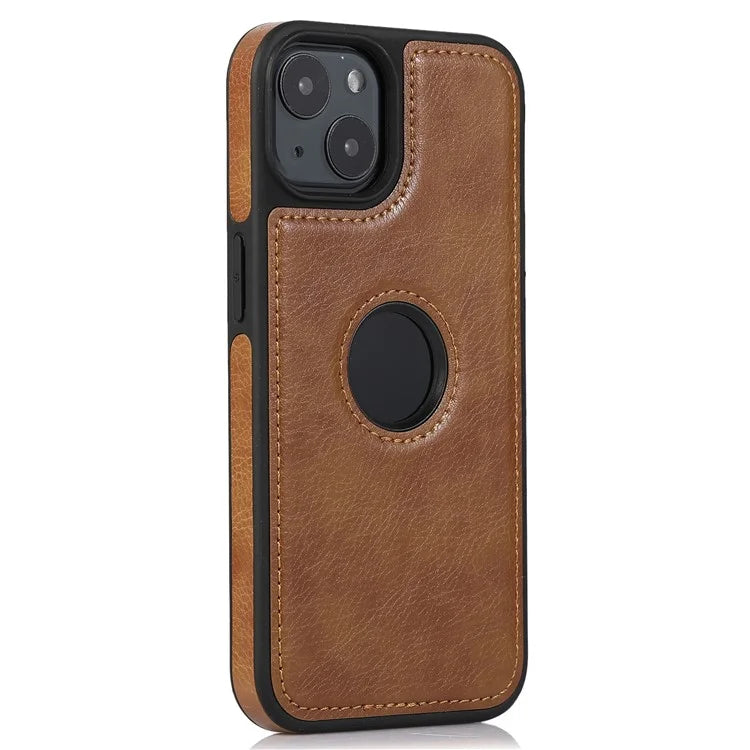 For iPhone 14 Leather Case Shock Absorbing Solid Color Logo View Phone Back Protector