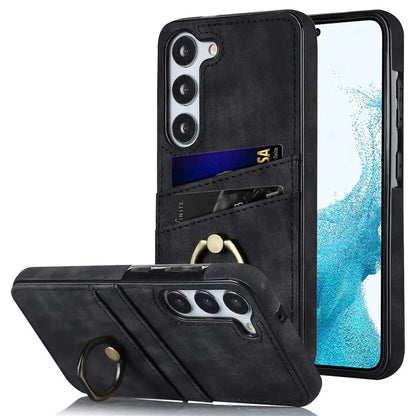 For Samsung Galaxy S24+ Case Anti-drop PU Leather Coated TPU Shell with Rotating Ring Kickstand
