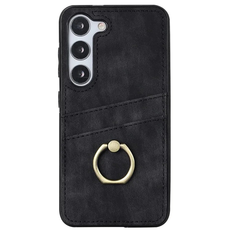 For Samsung Galaxy S24+ Case Anti-drop PU Leather Coated TPU Shell with Rotating Ring Kickstand