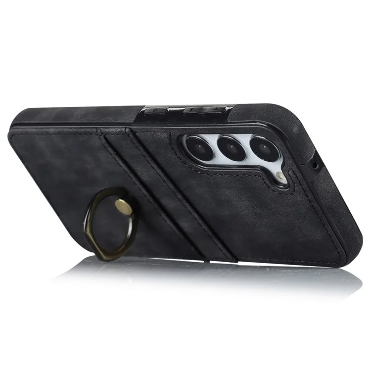 For Samsung Galaxy S24+ Case Anti-drop PU Leather Coated TPU Shell with Rotating Ring Kickstand