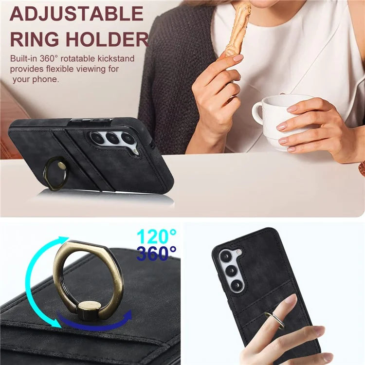 For Samsung Galaxy S24+ Case Anti-drop PU Leather Coated TPU Shell with Rotating Ring Kickstand