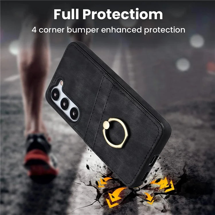 For Samsung Galaxy S24+ Case Anti-drop PU Leather Coated TPU Shell with Rotating Ring Kickstand
