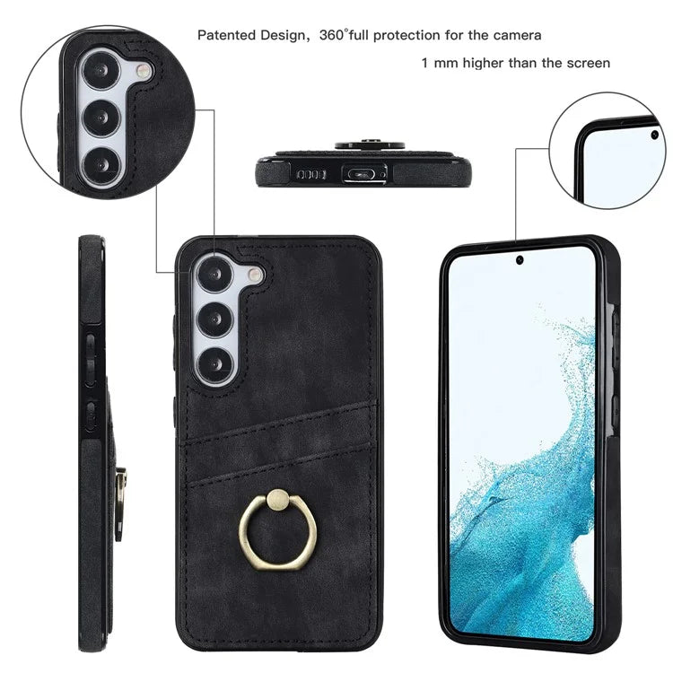 For Samsung Galaxy S24+ Case Anti-drop PU Leather Coated TPU Shell with Rotating Ring Kickstand