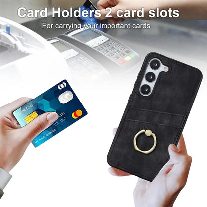 For Samsung Galaxy S24+ Case Anti-drop PU Leather Coated TPU Shell with Rotating Ring Kickstand