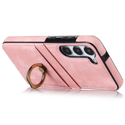 For Samsung Galaxy S24+ Case Anti-drop PU Leather Coated TPU Shell with Rotating Ring Kickstand