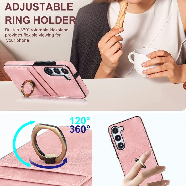 For Samsung Galaxy S24+ Case Anti-drop PU Leather Coated TPU Shell with Rotating Ring Kickstand