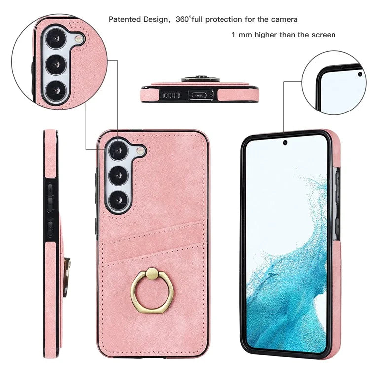 For Samsung Galaxy S24+ Case Anti-drop PU Leather Coated TPU Shell with Rotating Ring Kickstand