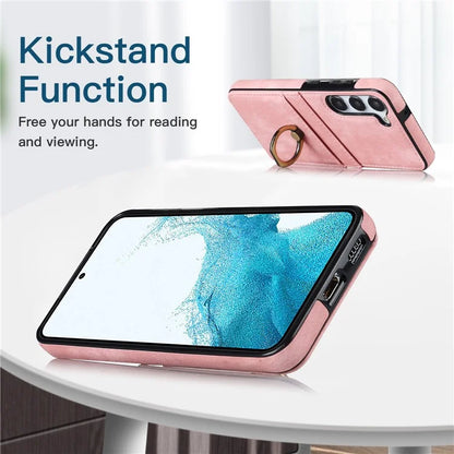 For Samsung Galaxy S24+ Case Anti-drop PU Leather Coated TPU Shell with Rotating Ring Kickstand