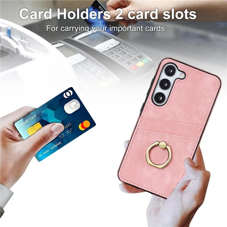 For Samsung Galaxy S24+ Case Anti-drop PU Leather Coated TPU Shell with Rotating Ring Kickstand
