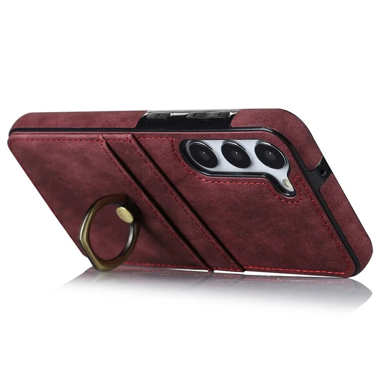 For Samsung Galaxy S24+ Case Anti-drop PU Leather Coated TPU Shell with Rotating Ring Kickstand