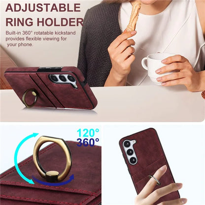 For Samsung Galaxy S24+ Case Anti-drop PU Leather Coated TPU Shell with Rotating Ring Kickstand