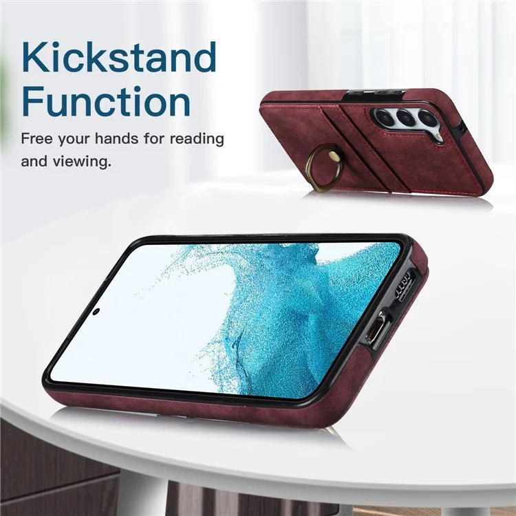 For Samsung Galaxy S24+ Case Anti-drop PU Leather Coated TPU Shell with Rotating Ring Kickstand
