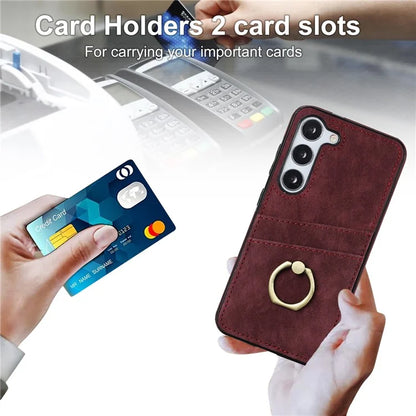 For Samsung Galaxy S24+ Case Anti-drop PU Leather Coated TPU Shell with Rotating Ring Kickstand