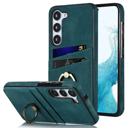 For Samsung Galaxy S24+ Case Anti-drop PU Leather Coated TPU Shell with Rotating Ring Kickstand