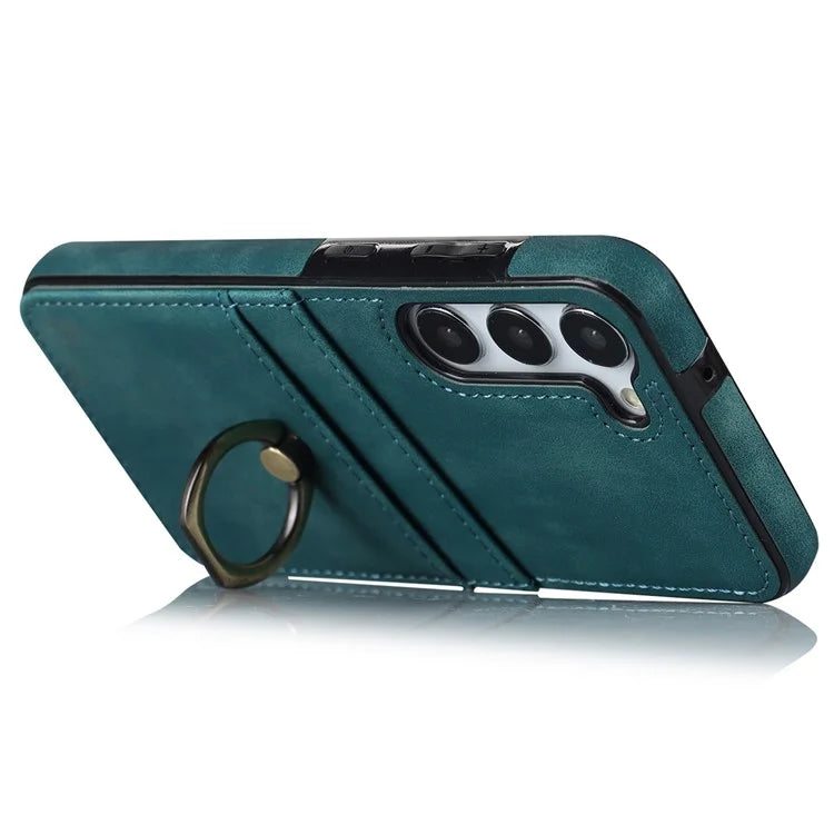 For Samsung Galaxy S24+ Case Anti-drop PU Leather Coated TPU Shell with Rotating Ring Kickstand
