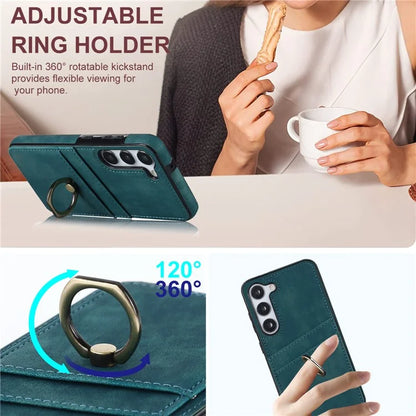 For Samsung Galaxy S24+ Case Anti-drop PU Leather Coated TPU Shell with Rotating Ring Kickstand