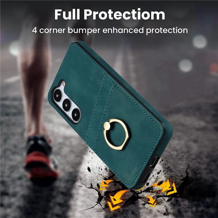 For Samsung Galaxy S24+ Case Anti-drop PU Leather Coated TPU Shell with Rotating Ring Kickstand