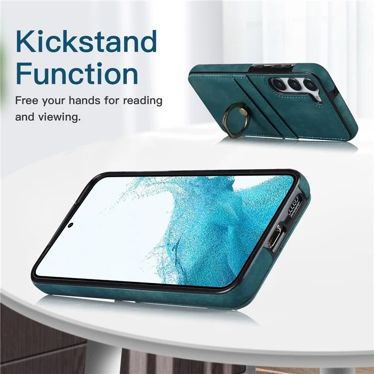 For Samsung Galaxy S24+ Case Anti-drop PU Leather Coated TPU Shell with Rotating Ring Kickstand