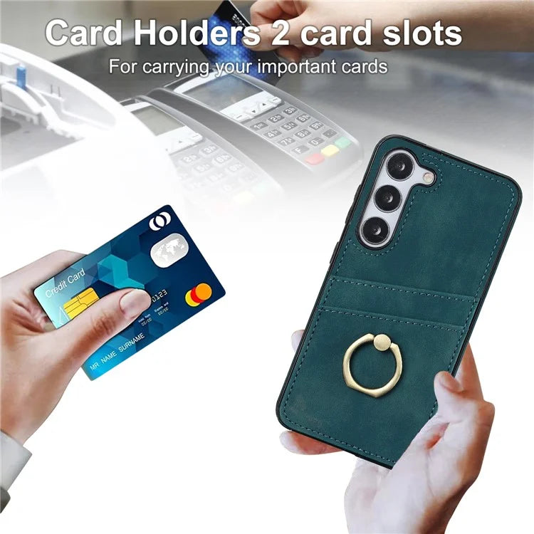 For Samsung Galaxy S24+ Case Anti-drop PU Leather Coated TPU Shell with Rotating Ring Kickstand