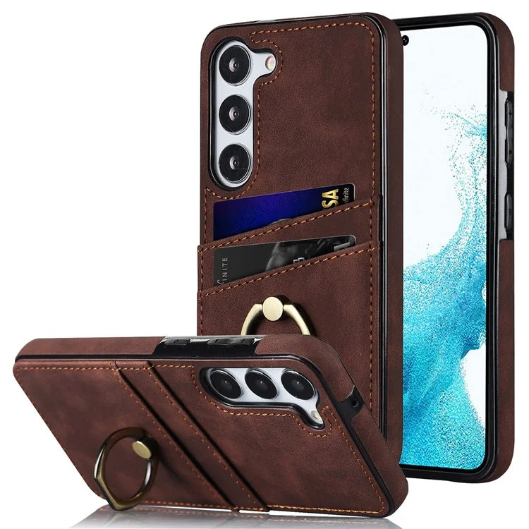 For Samsung Galaxy S24+ Case Anti-drop PU Leather Coated TPU Shell with Rotating Ring Kickstand