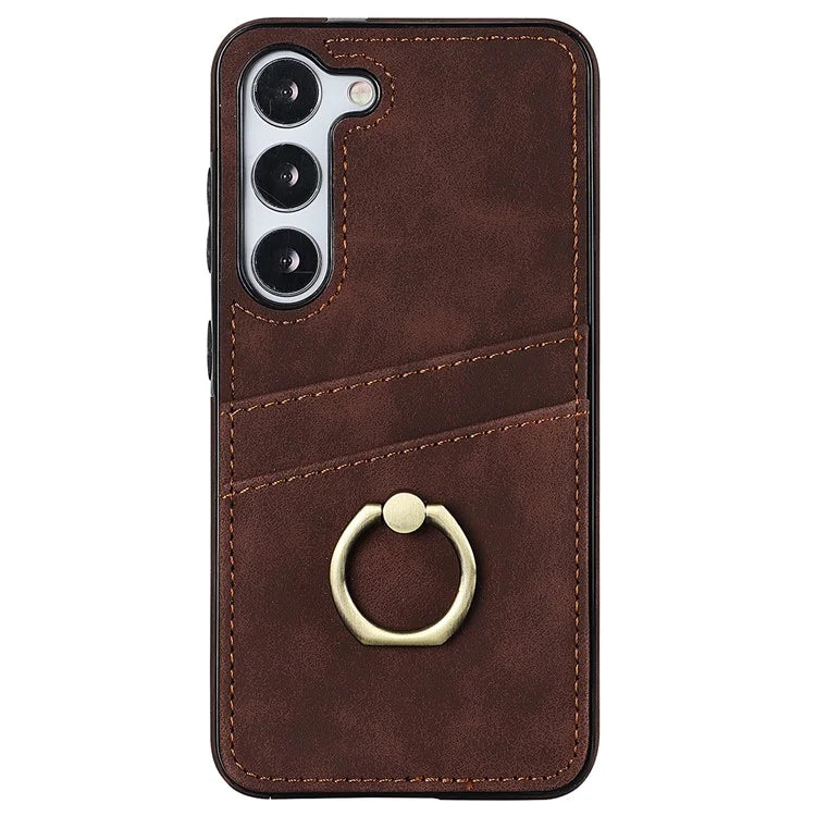 For Samsung Galaxy S24+ Case Anti-drop PU Leather Coated TPU Shell with Rotating Ring Kickstand