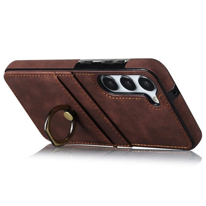 For Samsung Galaxy S24+ Case Anti-drop PU Leather Coated TPU Shell with Rotating Ring Kickstand