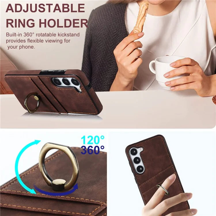For Samsung Galaxy S24+ Case Anti-drop PU Leather Coated TPU Shell with Rotating Ring Kickstand