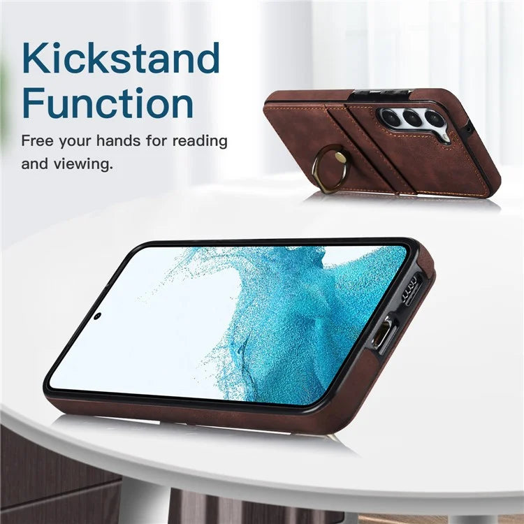 For Samsung Galaxy S24+ Case Anti-drop PU Leather Coated TPU Shell with Rotating Ring Kickstand