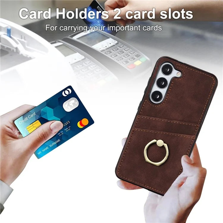 For Samsung Galaxy S24+ Case Anti-drop PU Leather Coated TPU Shell with Rotating Ring Kickstand