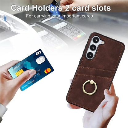 For Samsung Galaxy S24+ Case Anti-drop PU Leather Coated TPU Shell with Rotating Ring Kickstand