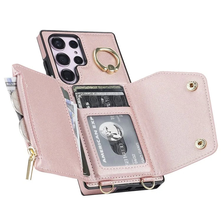 For Samsung Galaxy S24 Ultra Case Wallet Zipper Anti-scratch PU Leather+TPU Phone Protector