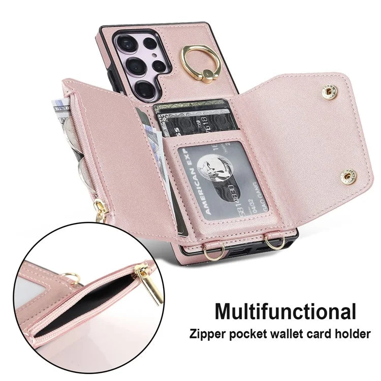 For Samsung Galaxy S24 Ultra Case Wallet Zipper Anti-scratch PU Leather+TPU Phone Protector