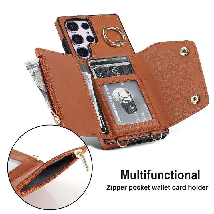 For Samsung Galaxy S24 Ultra Case Wallet Zipper Anti-scratch PU Leather+TPU Phone Protector