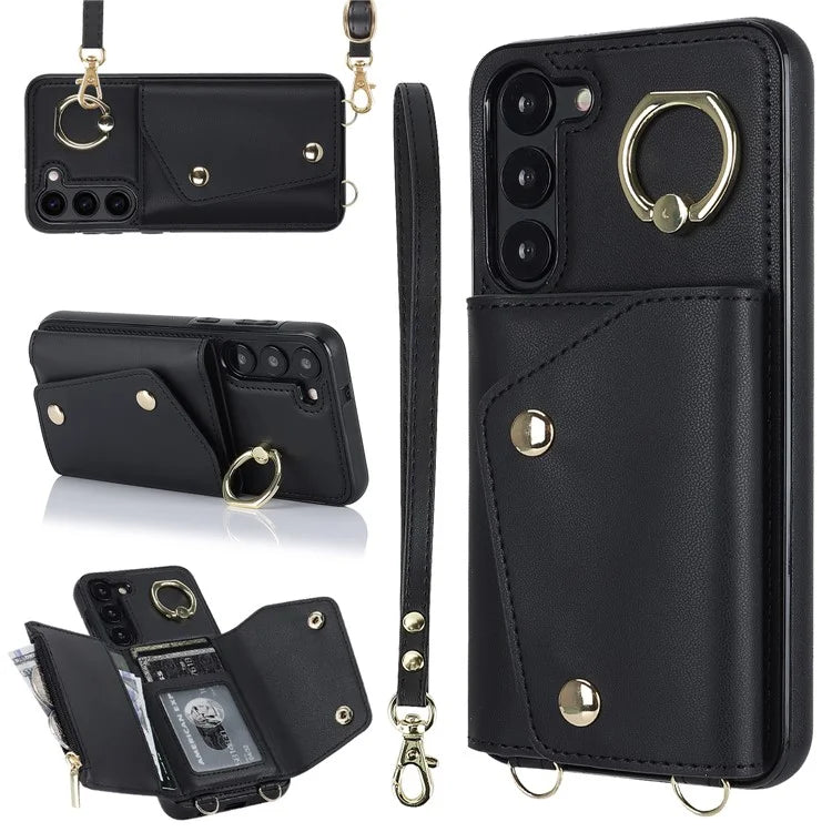 Crossbody Phone Case for Samsung Galaxy S24 Shell Ring Kickstand PU Leather Coated TPU Cover