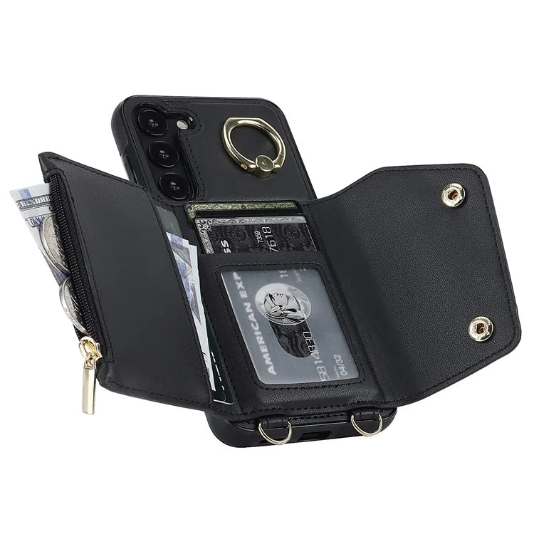 Crossbody Phone Case for Samsung Galaxy S24 Shell Ring Kickstand PU Leather Coated TPU Cover