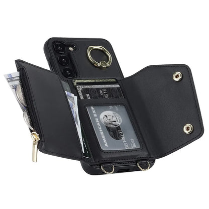 Crossbody Phone Case for Samsung Galaxy S24 Shell Ring Kickstand PU Leather Coated TPU Cover