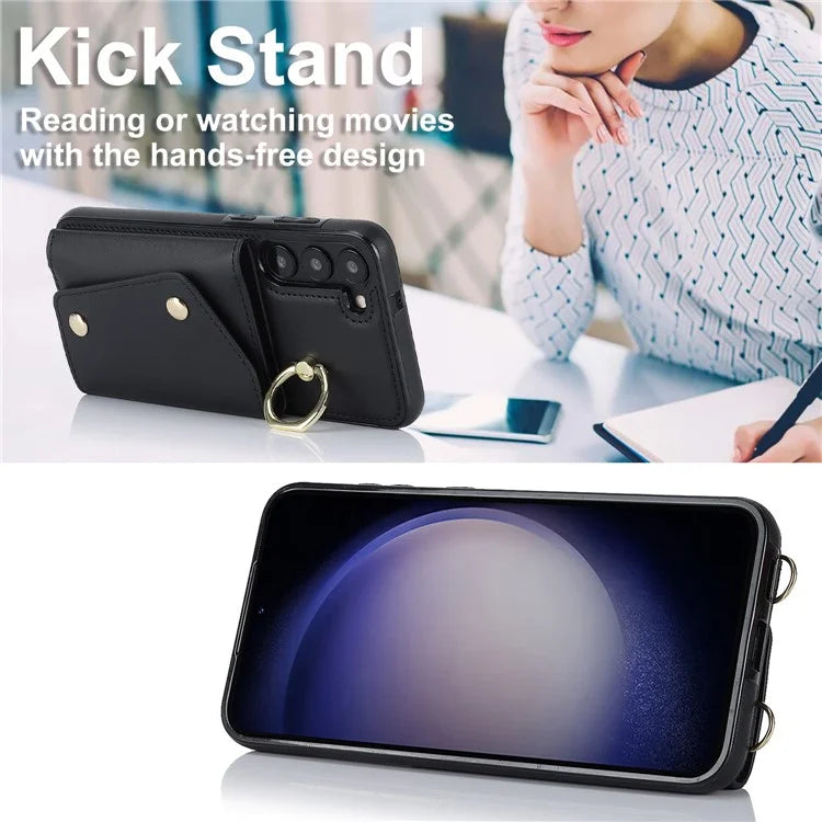 Crossbody Phone Case for Samsung Galaxy S24 Shell Ring Kickstand PU Leather Coated TPU Cover