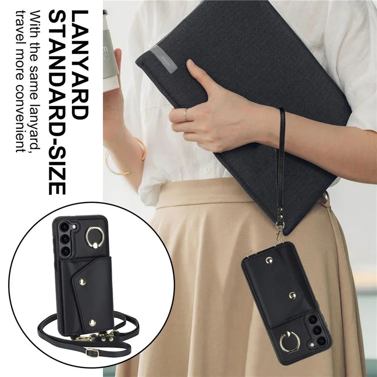 Crossbody Phone Case for Samsung Galaxy S24 Shell Ring Kickstand PU Leather Coated TPU Cover