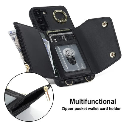 Crossbody Phone Case for Samsung Galaxy S24 Shell Ring Kickstand PU Leather Coated TPU Cover