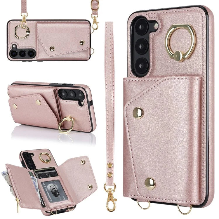 Crossbody Phone Case for Samsung Galaxy S24 Shell Ring Kickstand PU Leather Coated TPU Cover