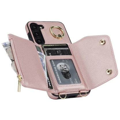 Crossbody Phone Case for Samsung Galaxy S24 Shell Ring Kickstand PU Leather Coated TPU Cover