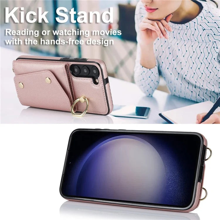 Crossbody Phone Case for Samsung Galaxy S24 Shell Ring Kickstand PU Leather Coated TPU Cover