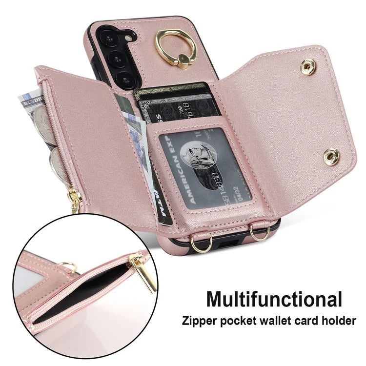 Crossbody Phone Case for Samsung Galaxy S24 Shell Ring Kickstand PU Leather Coated TPU Cover