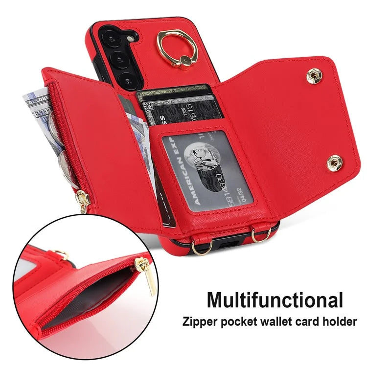 Crossbody Phone Case for Samsung Galaxy S24 Shell Ring Kickstand PU Leather Coated TPU Cover