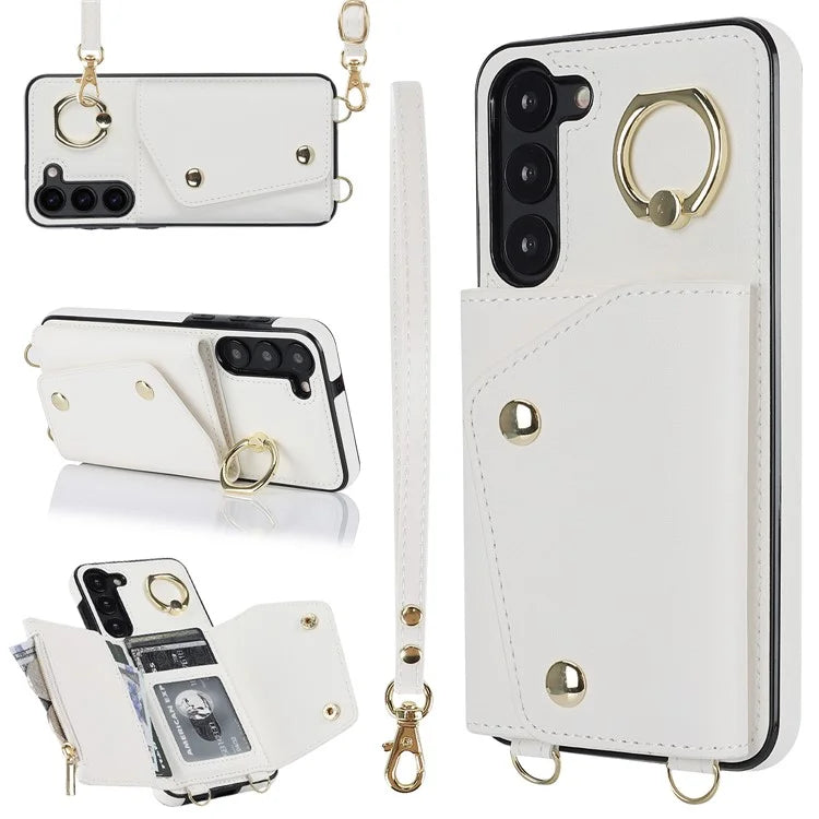 Crossbody Phone Case for Samsung Galaxy S24 Shell Ring Kickstand PU Leather Coated TPU Cover
